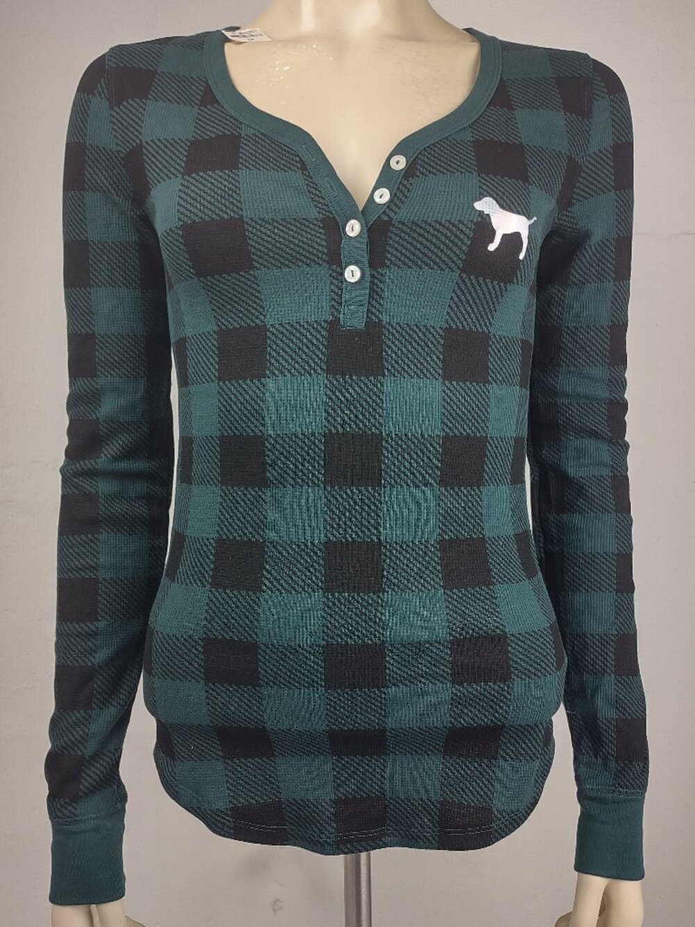 NWT Victoria's Secret PINK green black long sleeve thermal sleep shirt Small